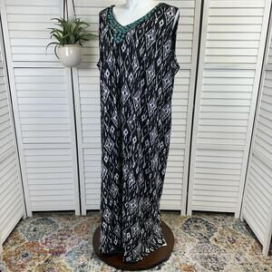 New Catherines Black White Ikat Maxi Dress Turquoise Gemstone Neck Plus Size‎ 5X